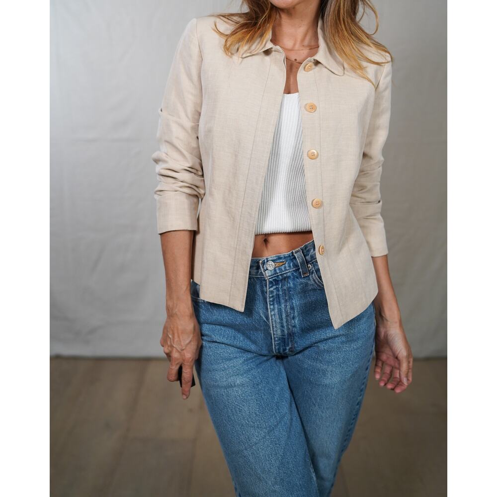 Ann Taylor Linen Blend Button Jacket Cream Minimalist Fitted Jacket 90s